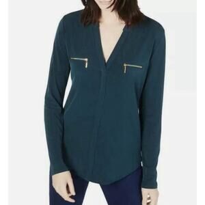 INC International Concepts Dark Green Long Sleeve Blouse Gold Zip Pockets Small